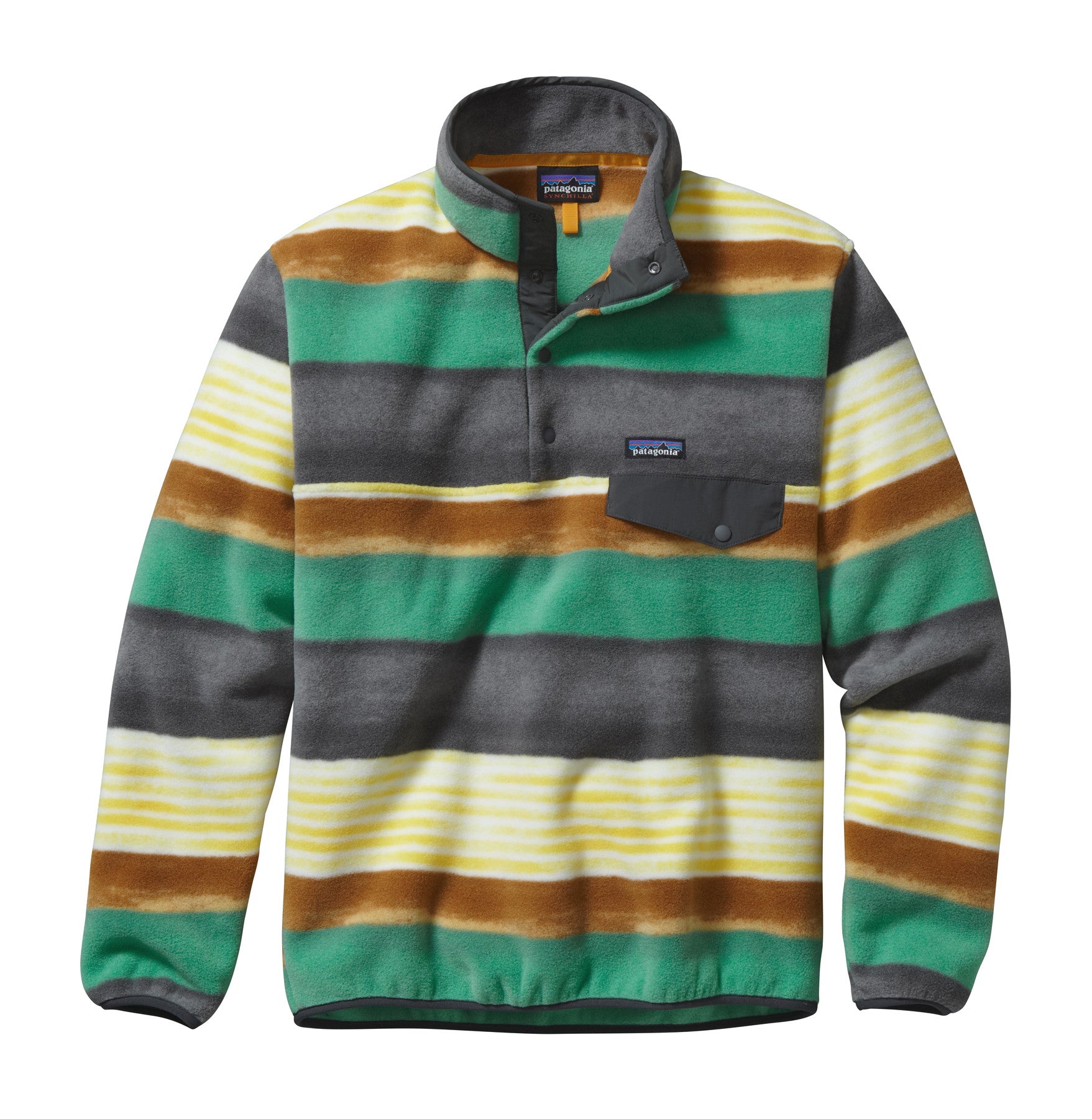 Patagonia mens Aztec brown blue green yellow synchilla selling pullover bear life cycle